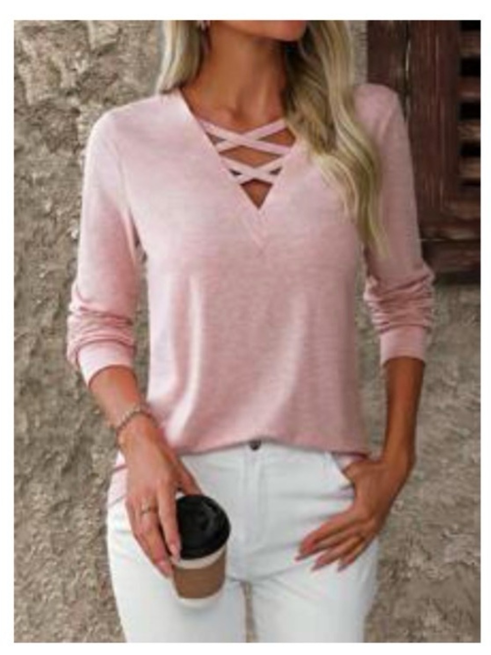 Crisscross V-Neck Long-Sleeve Top in Pale Pink